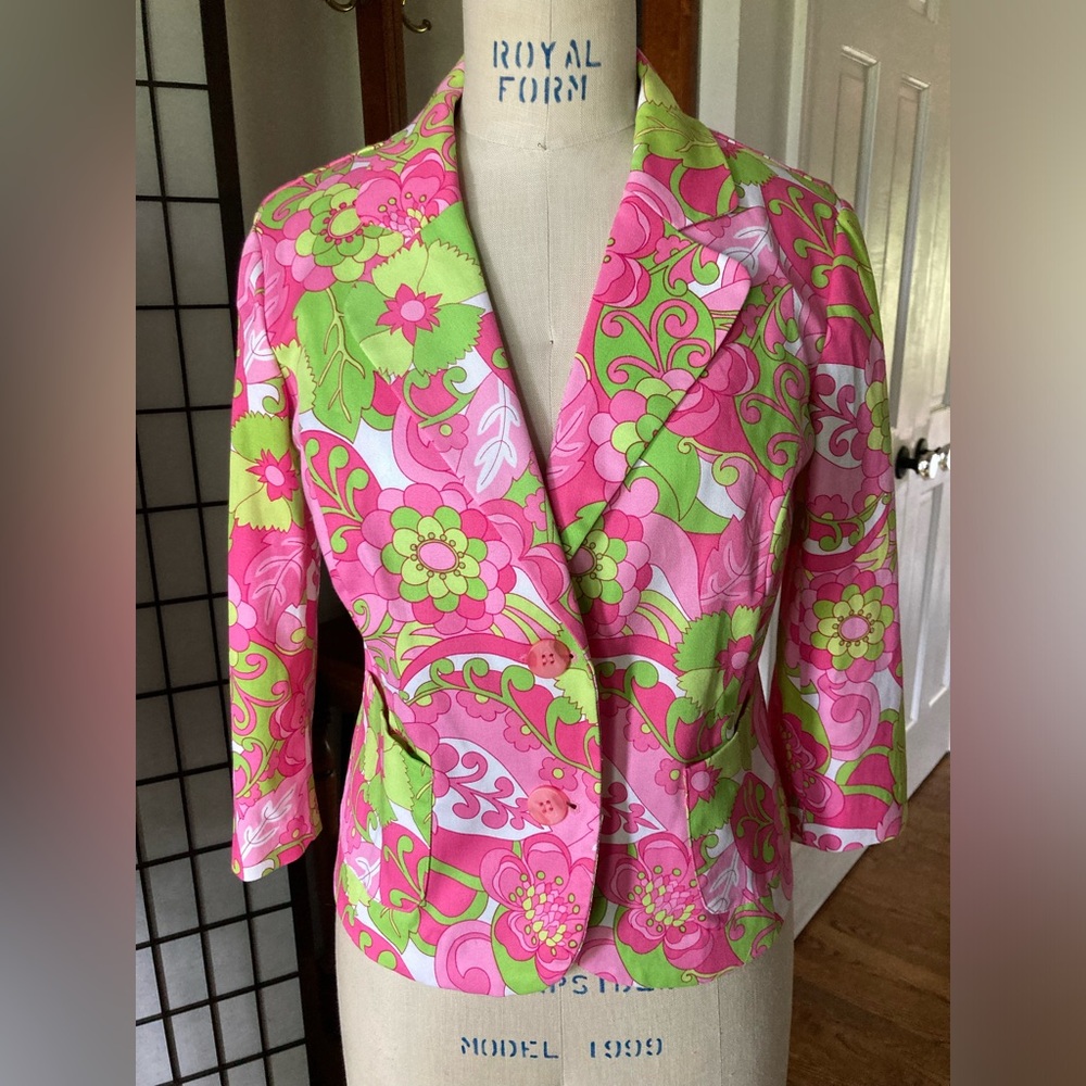 Vintage Tara Jones Floral Retro ‘60s Blazer Jacket 8P Like New PINK Lime Green